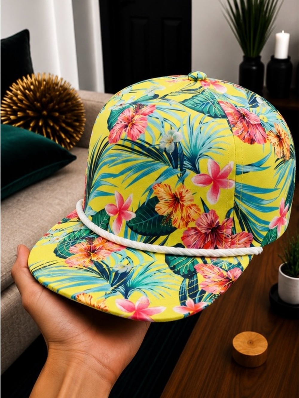 Yellow Tropical Floral Snapback Hat Flat Bill Rope Cap Beach Summer